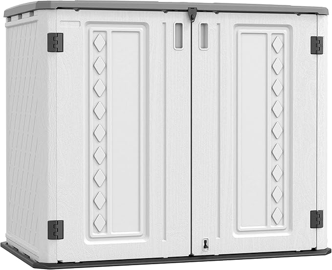 ADDOK Horizontal Storage Shed Outdoor with Floor, 27 Cu Ft Capacity Plastic Storage Shed with Lockable Double Doors, All-Weather Condition Use for Patio, Backyard, Lawn and Garden, White