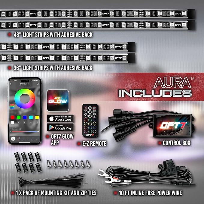OPT7 Aura Flexible Underglow Car Lights with APP & Remote Control, Exterior Neon Accent Underbody Lighting Kit, 4 PCS RGB LED Light Strips for Cars Trucks RV, Waterproof, Multi Colors Music Mode, 12V