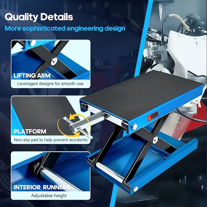 Motorcycle Lift Scissor Jack, 1200 LB Capacity Wide Deck Hoist Stand Maintenance Bikes ATVs Garage Repair Center Stand Lift Jack, Blue