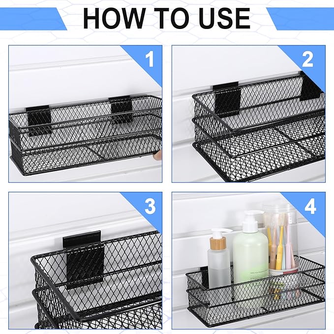 Barydat 4 Pcs Slatwall Basket Set Ventilated Metal Slatwall Basket Hanging Wire Bins Wall Mounted Accessories for Panel Garage Storage Display Organizing(Big Size,Black)
