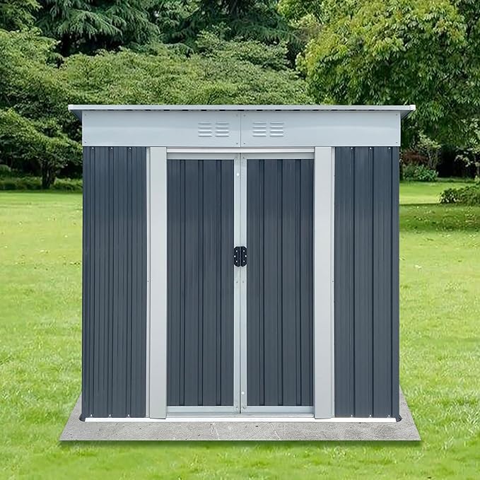 6x4 FT Outdoor Storage Shed with Sloping Roof, Waterproof Metal Garden Sheds w/Lockable Sliding Doors and Vents, Weather Resistant Tool Storage House for Backyard, Patio, Lawn, Grey