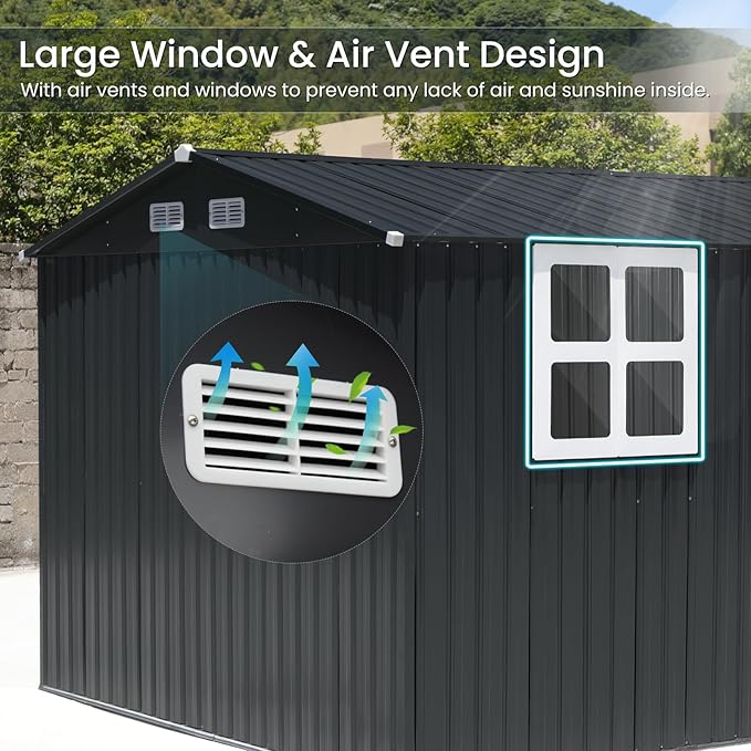 Verano Garden 10x8FT Outdoor Storage Shed, Large Galvanized Steel Metal Garden Shed with Window, Lockable Double Door, Outdoor Tool Shed for Backyard, Patio, Lawn(113.39"x98.03"x77.56")