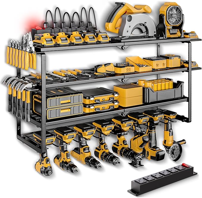 Power Tool Organizer Wall Mount with Charging Station, 4 Layer 8 Slots Cordless Drill Holder for Garage Storage, Utility Racks Max 420lbs Load With 6 Outlet Power Strip for Fathers Men Gift