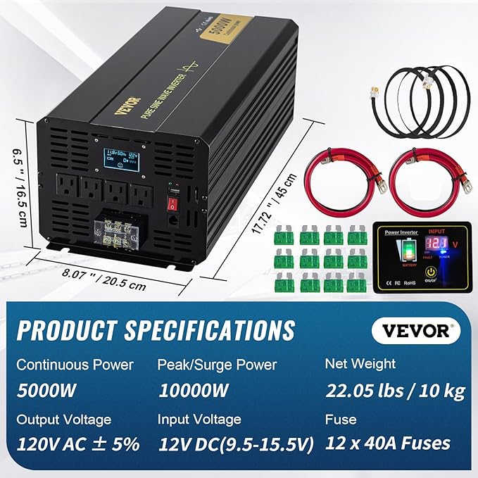 VEVOR Pure Sine Wave Inverter, 5000 Watt, Power Inverter, DC 12V to AC 120V Car Inverter, with LCD Display, USB Port and Remote Controller, Power Converter for Car RV Truck Solar System Travel Camping