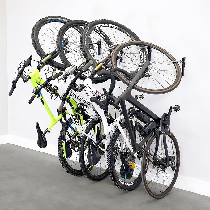 WheelRest Bike Hook, No-Lift Garage Wall Mount, Vertical Bicycle Storage Rack, Adjustable Bike Hanger for MTB, Road, eBike, 4 Pack