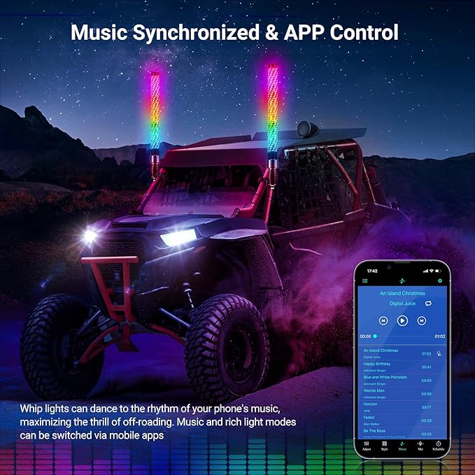 2PCS 2FT Fat Whip Lights for UTV ATV with Spring Base, Led Fatty Whip Light W/Rocker Switch & 6 Flags, Brighter Spiral Chasing Lighted Antenna Whip with APP & Remote Control for RZR SXS Can-Am