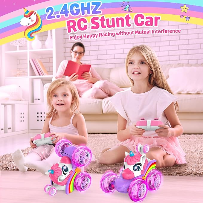 ZIZZ RC Cars for Girl Age 4-8 - Pink Remote Control Car for Girls, RC Stunt Car 360° Rotating Crawler with Headlights Cars Toys for 4 5 6 7 8+ Year Old Girl-Birthday