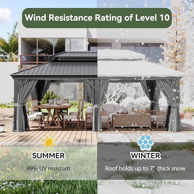 Aoxun 12' X 20' Hardtop Gazebo, Aluminum Outdoor Gazebo with Galvanized Steel Double Roof, Patio Permanent Metal Pavilion with Netting, for Garden, Deck, Grey, Square Foundation