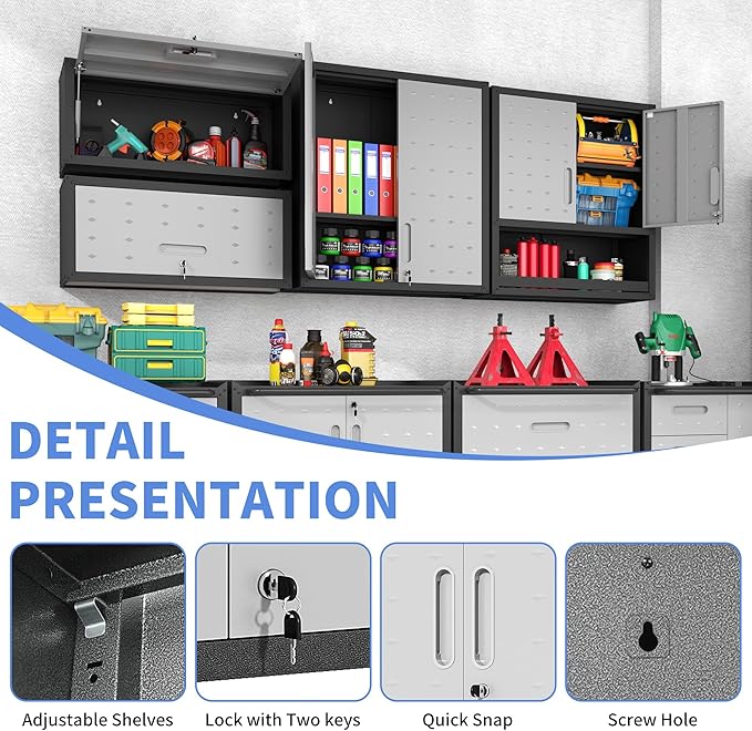 Garage Wall Cabinet with Flip-Up Door, Lockable Metal Storage Cabinet Wall Mounted, Hanging Tool Cabinet for Garage Basement Utility Room (Black &Grey)