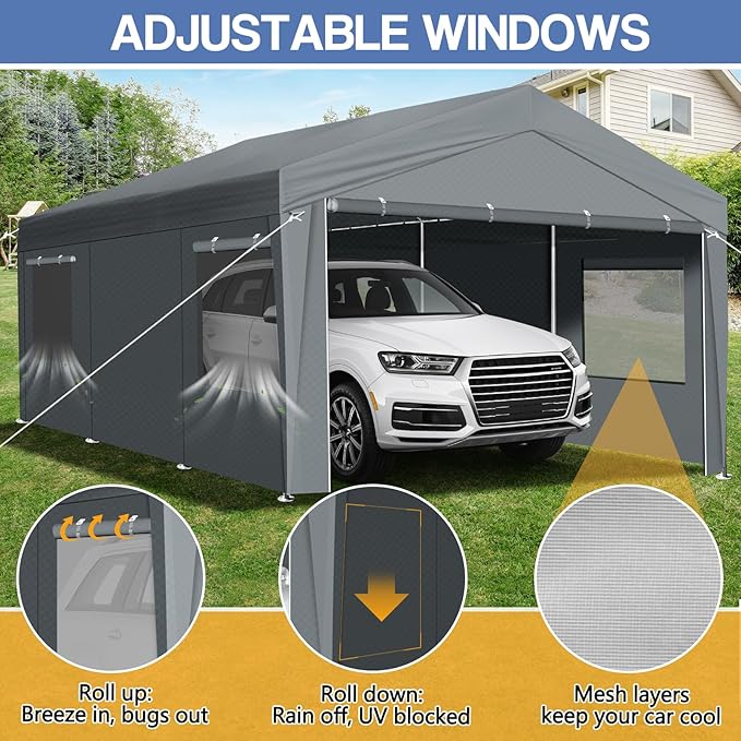 VINGLI 12 x 20 ft Outdoor Portable Storage Shed, Heavy Duty Bike Tent with Roll-up Zipper Door & Windows, Waterproof and UV Resistent Carport for Motorcycle, Garden Tools and Firewood