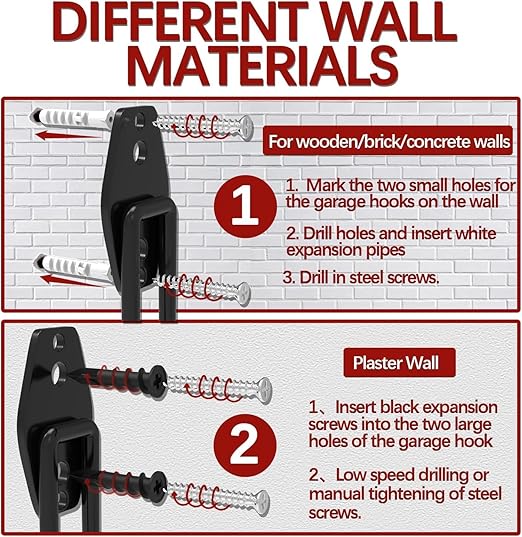 3-H Garage Wall Hooks 62 Pack, Heavy Duty Garage Hooks with Extra Welding Spots, Wall Mount Storage Organizer for Hanging Garden Lawn Tools, Ladder, Bike, WeedEater, Chair, Shovel, Blower (Red)