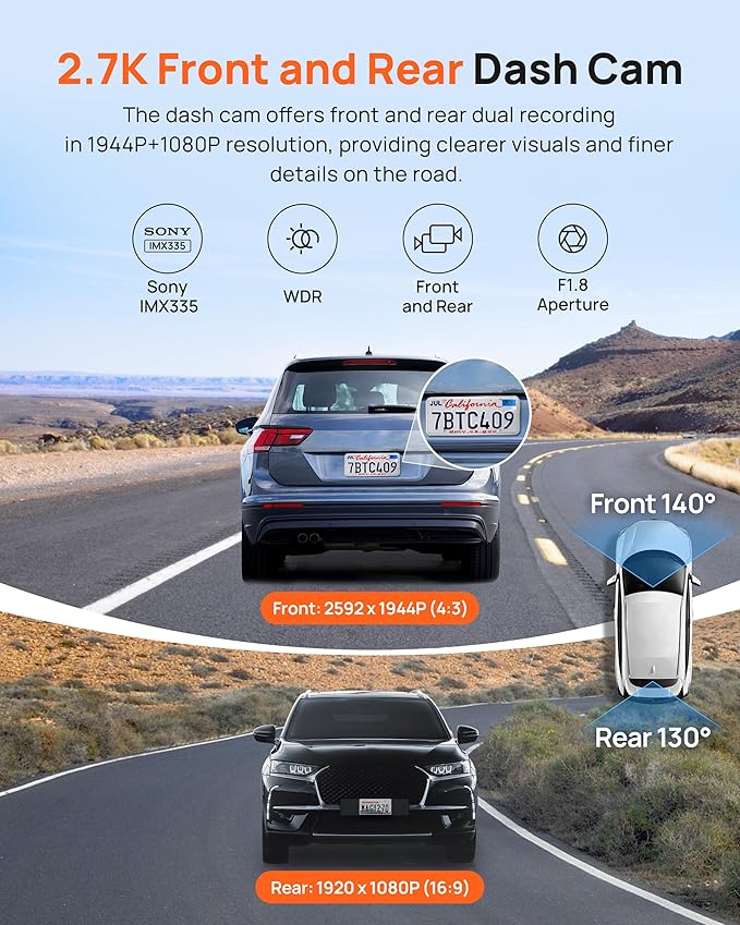 70mai 2.7K Dash Cam Front and Rear A500S, Dual Dash Camera for Cars, Dashcam with APP, Sony IMX335, ADAS, Built-in WiFi GPS, 2'' IPS Screen, WDR, Night Vision, 24/7 Parking Mode, Loop Recording