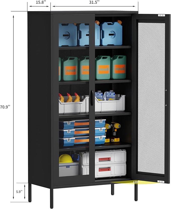 73 '' Metal Garage Storage Cabinet, 2 Doors and 4 Adjustable Shelves, mesh Door Design, can be Used to Store Tools, consumables, Books, etc., for Office, Home, Garage, Gym, School (Black)