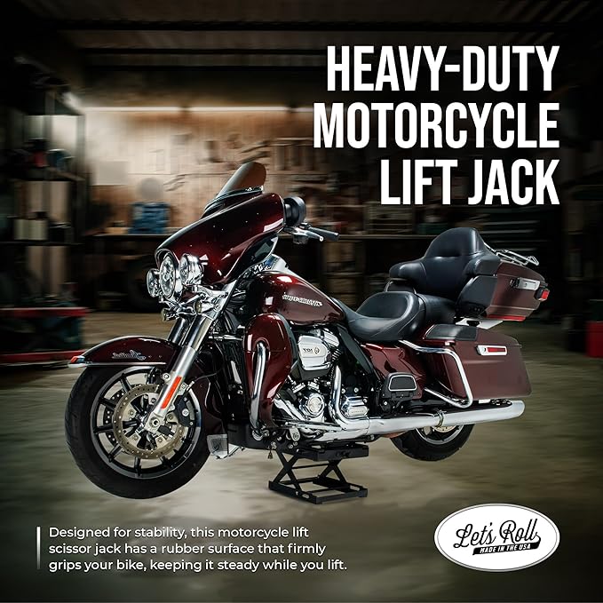 Let's Roll Standard Motorcycle Lift Jack - 1200 LB Heavy Duty Scissor Jack Stands, Scissor Lift Jacks, Motorcycle Accessories, Stable Garage Lifts with Mobility for Maintenance - Made in The USA