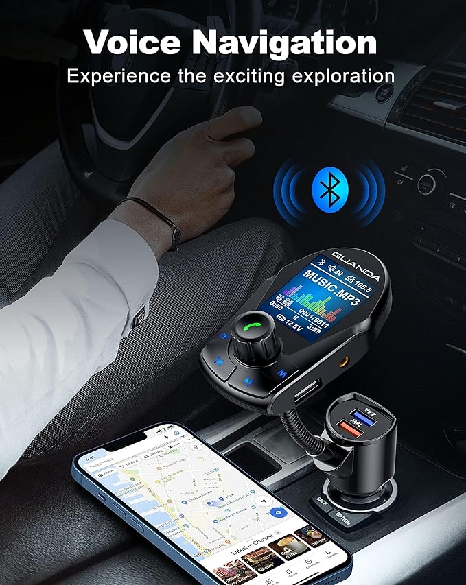 Bluetooth FM Transmitter (Upgraded Version) in-Car Wireless Radio Adapter Kit W 1.8" Color Display Hands-Free Call Fast Charging 18W and Smart 2.4A Dual USB Ports, TF Card MP3 Player