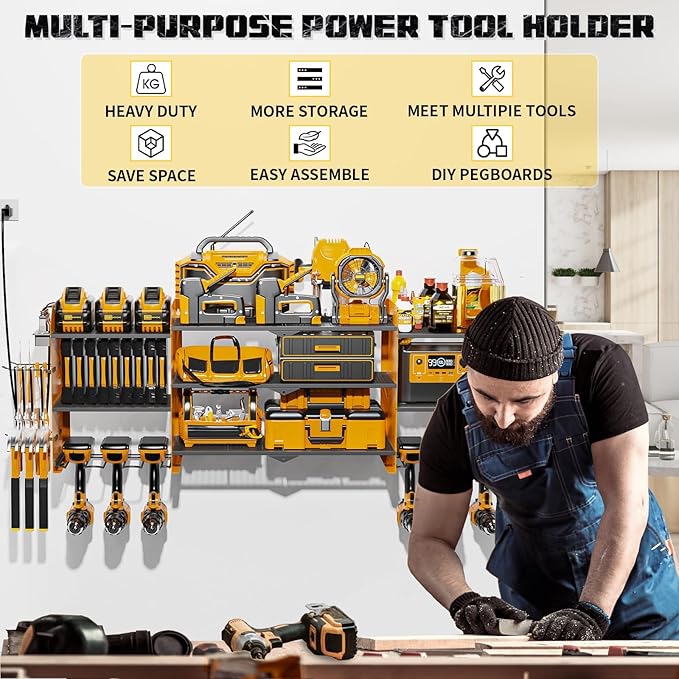 45" Large Power Tool Organizer Wall Mount with Charging Station - 3 Layer Storage Racks with 8 Cordless Drill Holder, 4 Hooks, Heavy Duty Garage Tool Organizer Storage for Workshop Pegboard Basement
