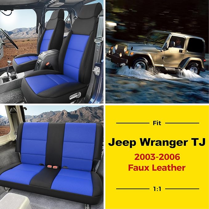 GIANT PANDA Full Set Car Seat Covers Customized Jeep Wrangler TJ Rubicon Sahara Sport X Unlimited 2003 2004 2005 2006, Faux Leather (Black&Blue)