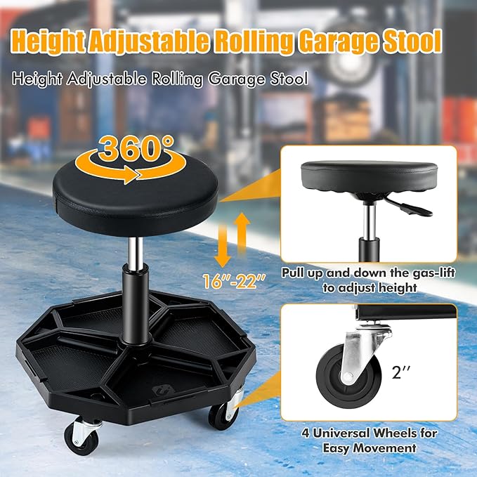 Adjustable Mechanic Rolling Stool, Pneumatic Rolling Stool with Wheels, Tool Storage Tray & Padded Seat Cushion, Garage Stool Chairs Creeper Seat (Black)