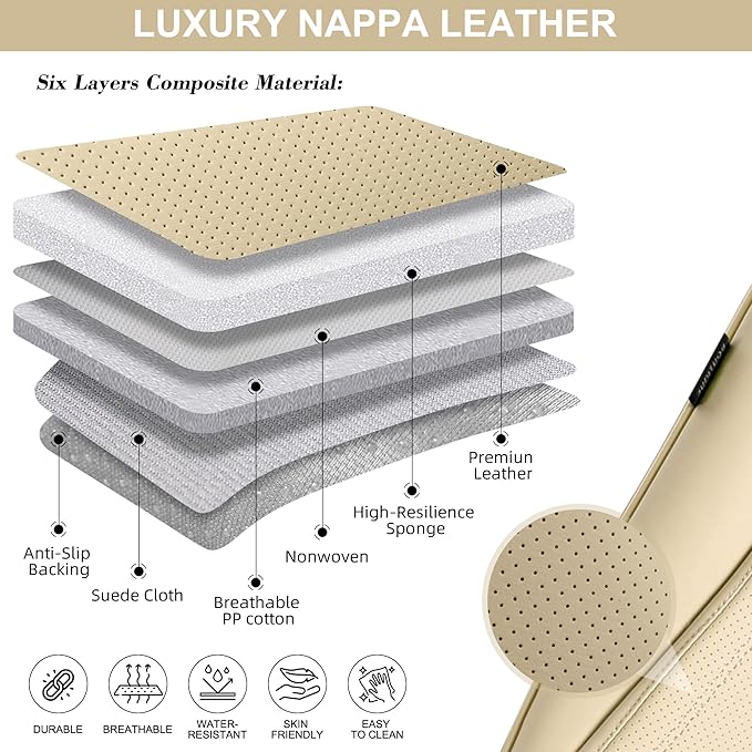 Car Seat Covers Full Set, Front and Rear Seat Covers for Cars, Waterproof Leather Auto Seat Protectors with Head Pillow, Car Seat Cushions Fit for Most Sedans SUV Pick-up Truck, Beige