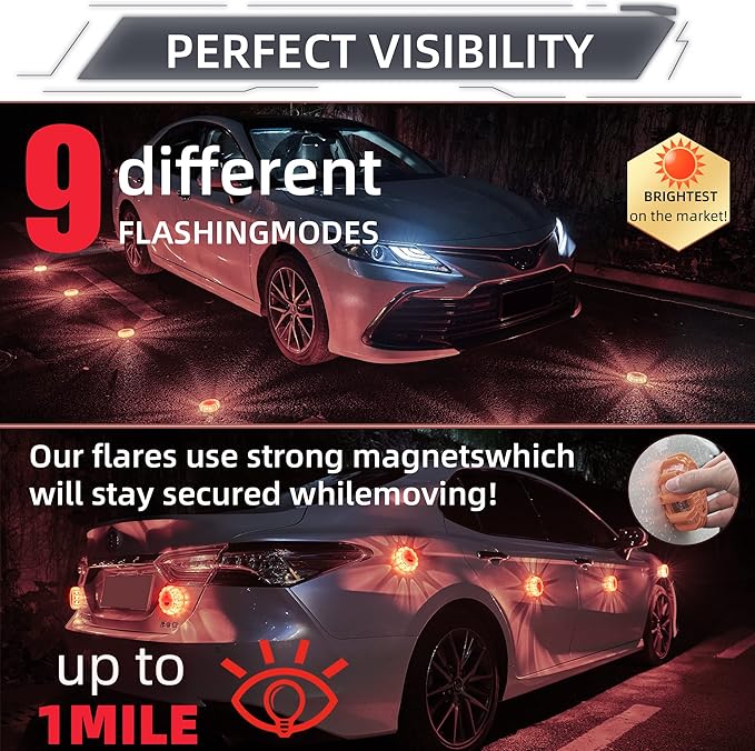 LED Road Flares Roadside Emergency car kit Emergency Road Flares Kit with Magnetic Base for Vehicles & Boat | 9 Flash Modes(with Batteries) (3pack rechargeable)