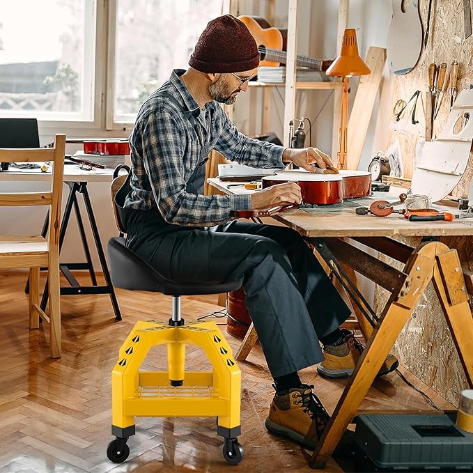 S AFSTAR Shop Stool with Wheels, Height Adjustable Garage Stool with 4 Universal Wheels & Tool Tray, 330 LBS Capacity, Heavy Duty Creeper Chair Seat Rolling Mechanic Stool for Garage Workshop (Yellow)