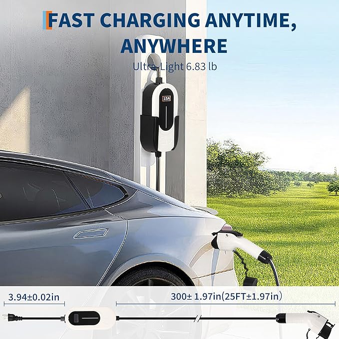 Level 1 EV Charger, 15A 110V Voltage, NEMA 5-15 Plug, 25ft Cable, Adjustable Current/Delay Timer, SAE J1772 Listed Portable Electric Car Charger for Indoor/Outdoor Use