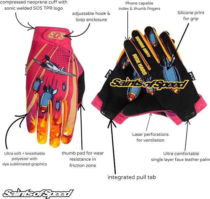 Saints of Speed Dirt Bike Gloves – Motocross, Mountain Bike, Motorcycle, BMX, Jetski, Sim, Karting, Airsoft, Paintball, Driving & Racing Bike Gloves + Phone & Touch Screen Capable