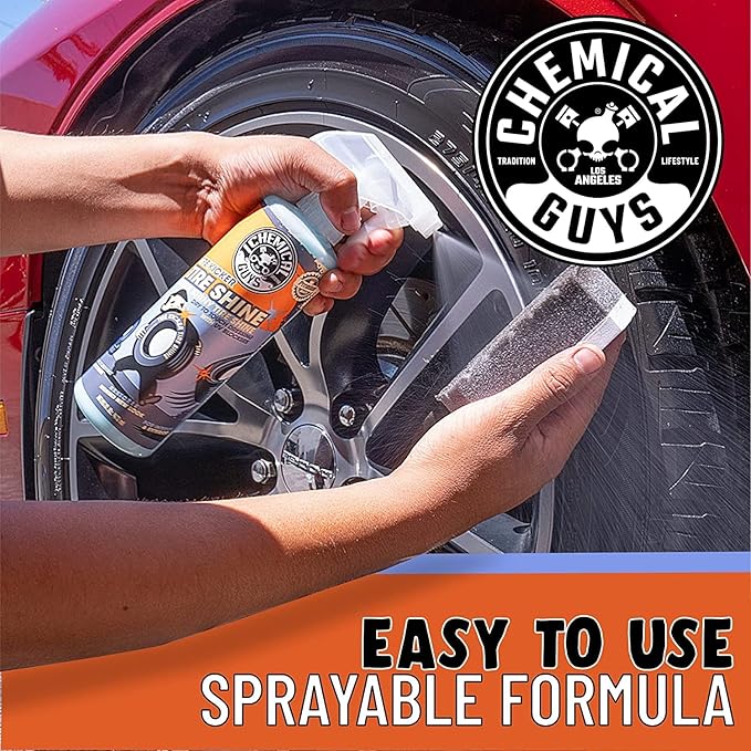 Chemical Guys Tire Kicker Sprayable Extra Glossy Tire Shine With Applicators (Works on Rubber, Vinyl & Plastic) Safe for Cars, Trucks, Motorcycles, RVs & More, 16 fl oz