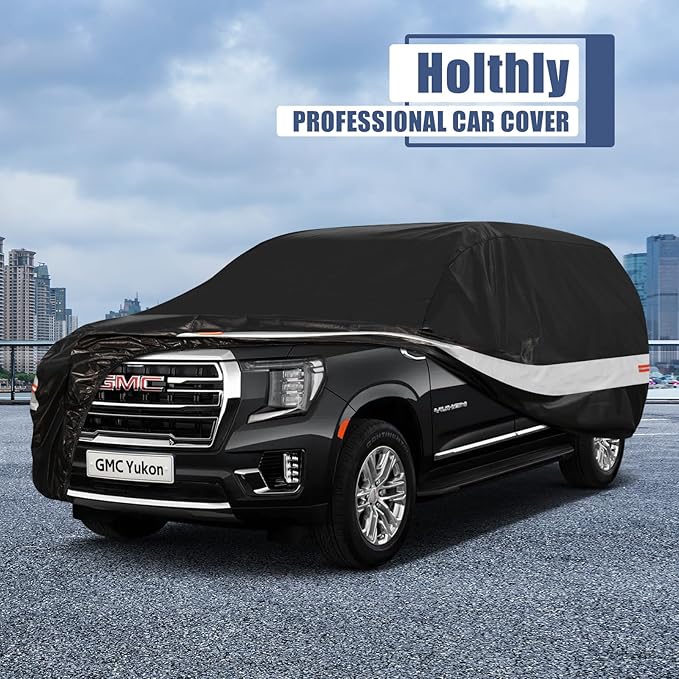 10 Layers SUV Car Cover Custom Fit for GMC Yukon (2006-2024) Waterproof All Weather for Automobiles, Outdoor Full Cover Sun UV Rain Protection with Zipper Cotton.Black