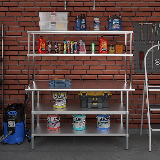 Amgood Stainless Steel Work Table with 2 Shelves | Metal Kitchen Prep Table & Shelving Combo (24" x 60" Table with 2 Shelves + 18" Overshelf)