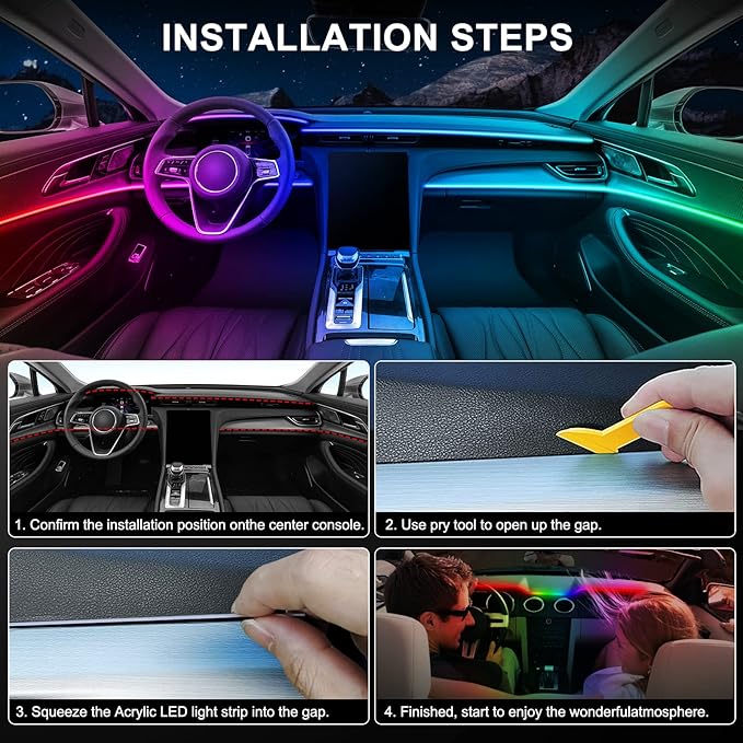 Dream+Color Acrylic Interior Car LED Strip Light with Wireless APP, RGB 6 in 1 with 175 inches 593 LEDs Fiber Optic Strip Lights for Car, Dynamic Chasing Music Sync Neon Ambient Lighting Kits