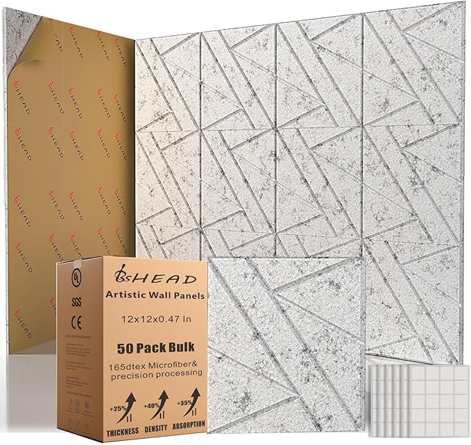 50 Pack Bulk Self-Adhesive Soundproof Wall Panels, 12 x 12 x 0.47 In Sound Proof Foam Panels for Walls, 1.2lb/ft³ High Density, Thicker 0.47in, Acoustic Panels, Duty for Large Walls Gray