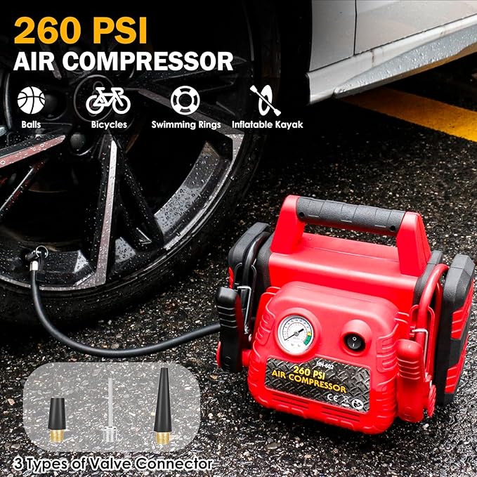 Car Battery Jump Starter-1000Amp 12V Lead-Acid Battery Jump Box with 260PSI Air Compressor, 10000 mAh Portable Power Station, Jump Pack for Vehicles Up to 5L Gas or Diesel