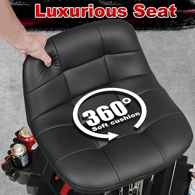 Rolling Stool with Wheels, Adjustable Height Pneumatic Garage Work Mechanic Stool Seat with Backrest, 400 LBS Capacity 360° Swivel Mechanic Crepper Chair with Tool Tray Storage, Black