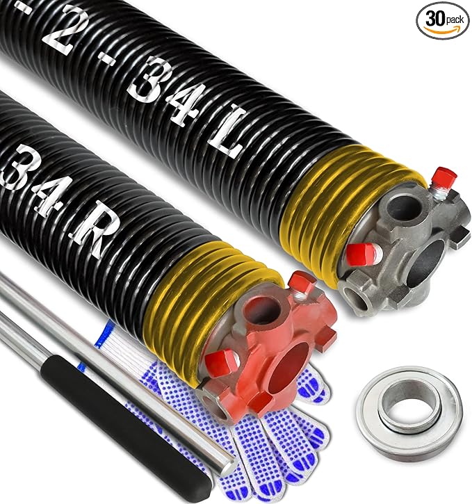 Garage Door Torsion Spring Set, Pair of 2" Electrophoresis Coated Garage Door Spring Replacement with 2 Non-Slip Winding Bars and Bearing, Minimum 16000 Cycles (.250x2x34")