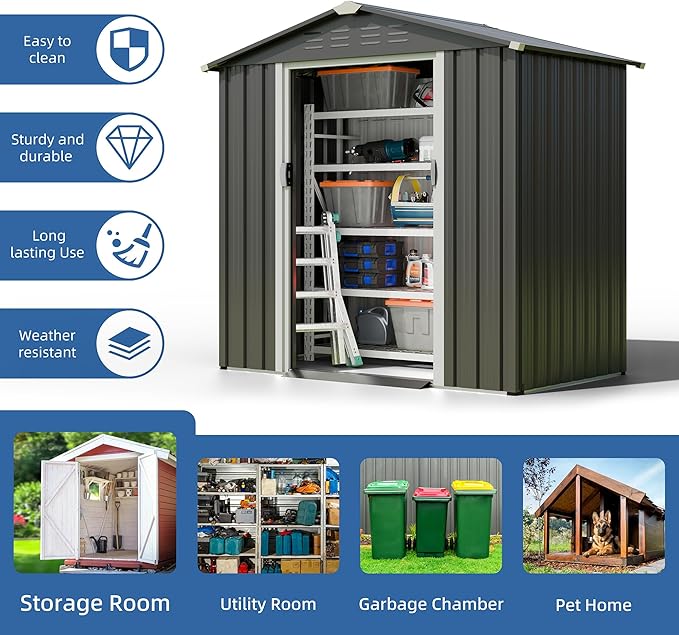 JYQAQA 6x4 FT Outdoor Garden Storage Shed,Waterproof Metal Garden Sheds with Lockable Double Door,Weather Resistant Steel Tool Storage House Shed forPatio,Lawn Gray