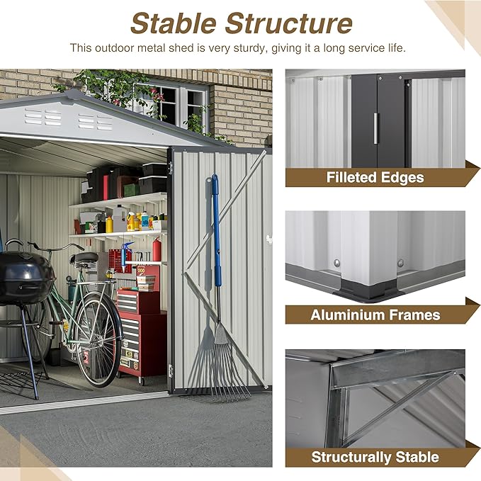 8x6 FT Outdoor Metal Storage Shed with Lockable Door & Floor Frame, Heavy-Duty Garden Tool Shed, Weatherproof Steel Utility Shed for Backyard, Patio, or Lawn Organization