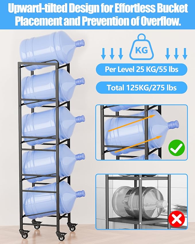 5 Gallon Water Jug Holder, Movable 5 Tier Heavy Duty Water Rack with 4 Wheels, Rack for Water Jug Storage, Space Saving Water Stand for Five 5 Gallon Water Jugs, Black