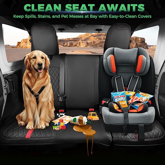 for Jeep Wrangler Seat Covers 4Door JK 2013 2014 2015 2016 2017, Custom Car Seat Cover Full Set, Luxury Leather Seat Protectors, Waterproof SUV Interior Cushions Accessories, Black Red Trim
