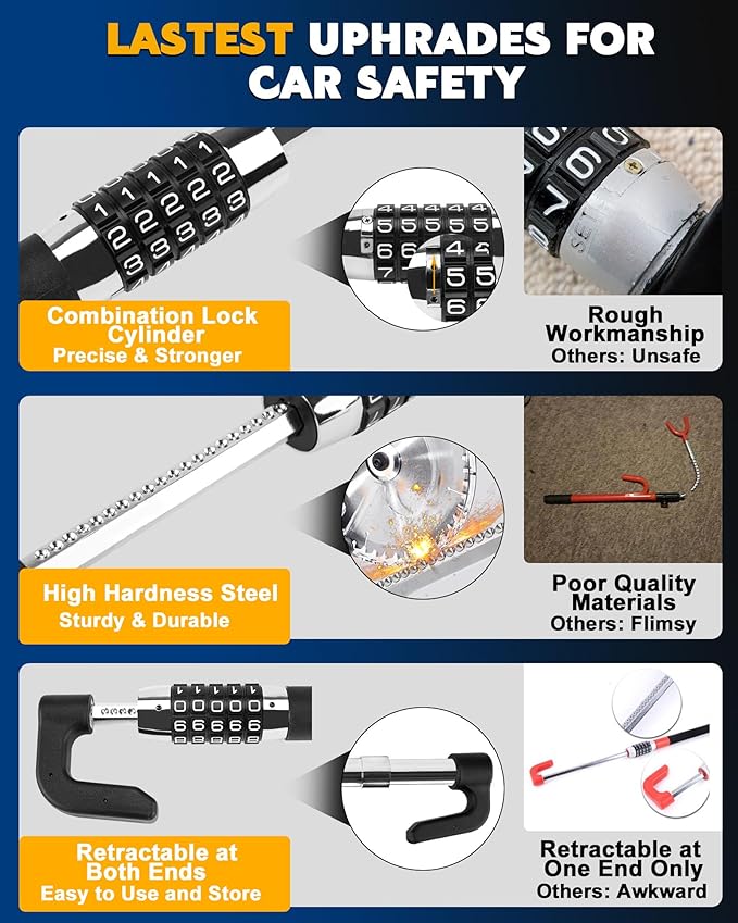 Tevlaphee Steering Wheel Lock Anti Theft Device Retractable Brake Pedal Lock Keyless Password 5 Coded Combination Anti Theft Car Security Device Heavy Duty Universal Fit for Vehicle Car Truck Van SUV