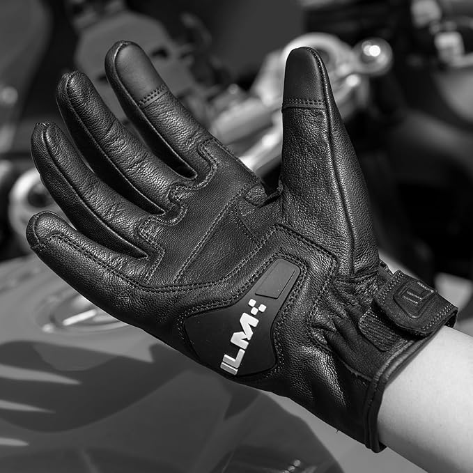 ILM Goatskin Leather Motorcycle Motorbike Powersports Racing Gloves Touchscreen for Men and Women Model DN01(S, Black Unperforated)