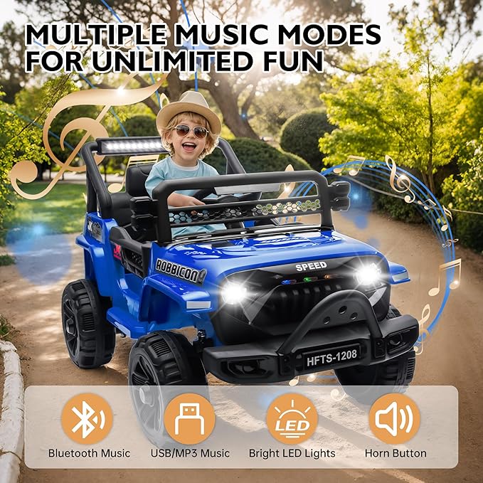 12V Ride on Electric Truck Car for Kids, 12V Kids Electric Vehicles w/Remote Control, Four-Wheel Suspension, USB, Bluetooth, Power Display, Lights, Battery Powered Ride on Toys for Boys Girls (Blue)