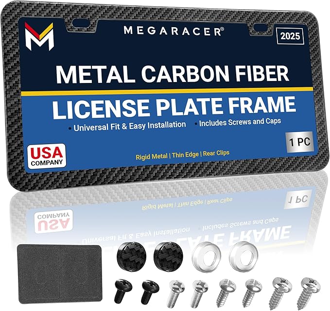 Premium Slim Carbon Fiber Design License Plate Frame – 1 Pack, Rust-Free Stainless Steel & Rattle-Free, Street Legal, Universal with Screw Caps Cover, Thin Metal Front or Rear Car Tag Holders for Men