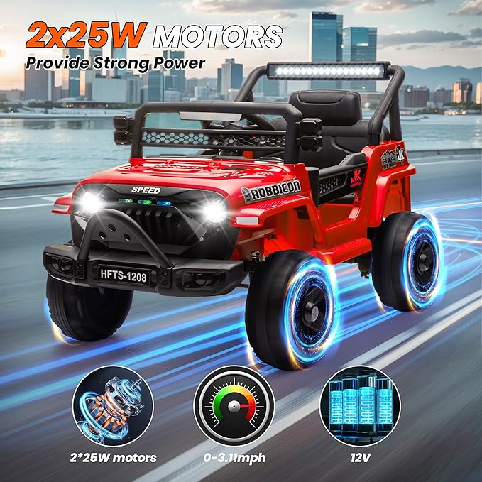 12V Ride on Electric Truck Car for Kids, 12V Kids Electric Vehicles w/Remote Control, Four-Wheel Suspension, USB, Bluetooth, Power Display, Lights, Battery Powered Ride on Toys for Boys Girls (Red)