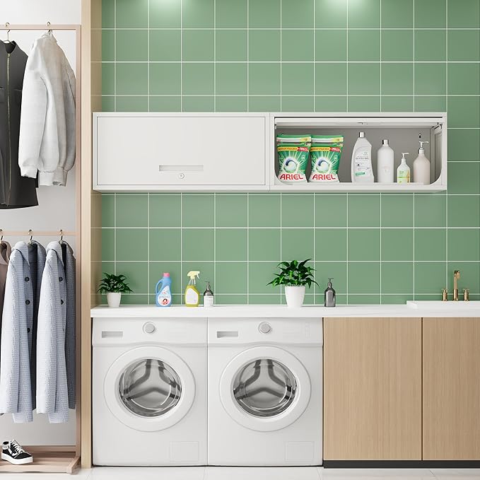 Metal Storage Cabinet White Wall Cabinets with Locking Door - Wall Mounted Storage Cabinet for Garage Warehouse Home Office - Assembly Required