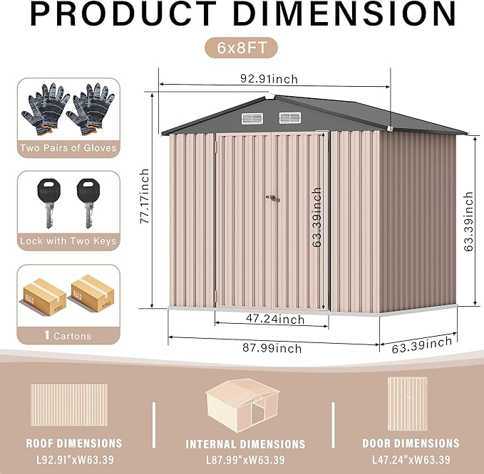 6x8x6.4 FT Outdoor Storage Sheds, Metal Garden Tool Shed for Backyard, Large Metal Sheds Outdoor Storage with Lockable Doors & Air Vents for Backyard Garden Patio Lawn