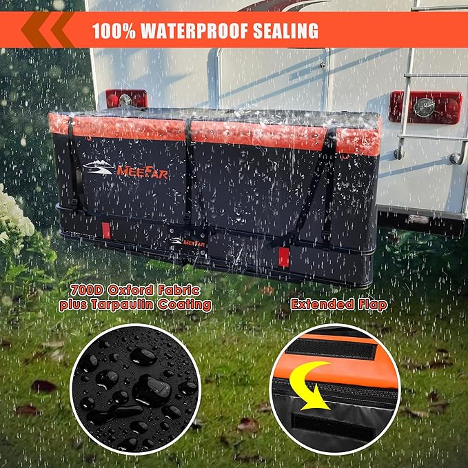 MeeFar Hitch Mount Cargo Carrier Bag Soft Shell 100% Waterproof 15 Cubic Feet (58" 19" 24") Include 8 Reinforced Straps for Truck Pickup All Vehicle with Steel Cargo Basket