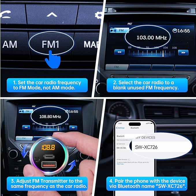 Syncwire Bluetooth 5.4 FM Transmitter for Car, 38W PD&QC3.0 Dual USB Charging Bluetooth Car Adapter Microphone & Bass Sound MP3 Music Player FM Kit with Hands-Free Calling