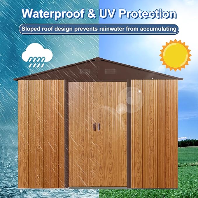 8x10 FT Outdoor Storage Shed, Metal Garden Shed with Frame Floor, Outside Tool Shed with Lockable Sliding Doors, Waterproof Storage Building with Sloped Roof for Backyard, Patio, Lawn, Coffee