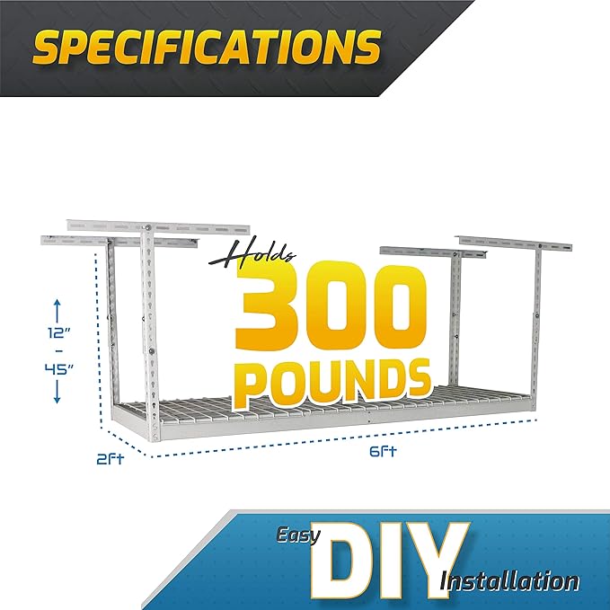 MonsterRax Overhead Garage Storage Rack 2 x 6 Ceiling Rack for Garage Shelving, Organization, & Storage, Adjustable Hanging Storage for Bikes, Equipment & Bins (White, 12"- 21" Ceiling Drop)